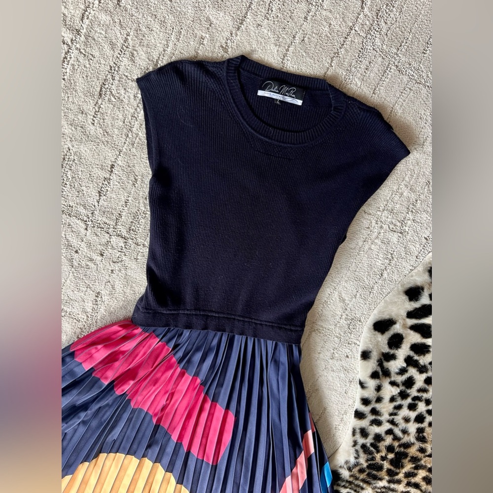 Dalia MacPhee Size L Sleeveless Sweater Colorful Pleated Skirt Midi Dress
